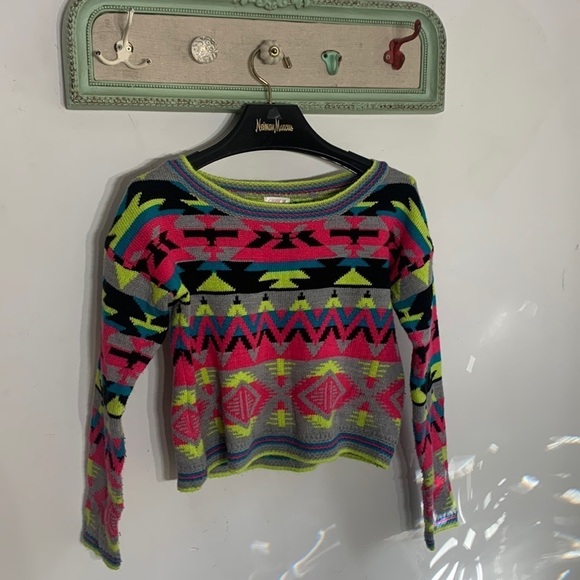 Xhilaration small long sleeve crop southwestern neon multicolor acrylic top - Picture 1 of 8